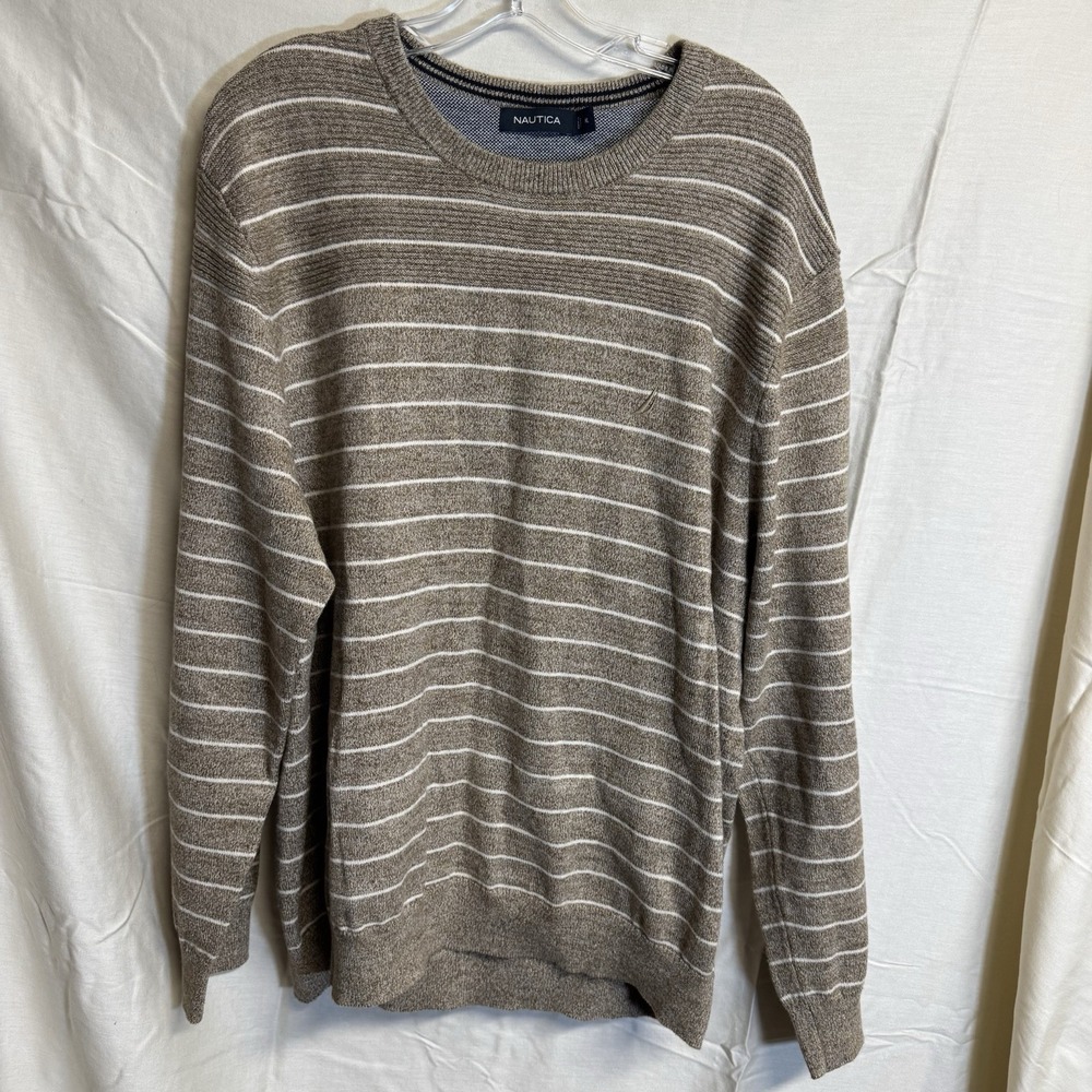Nautica Sweater Men's XL Brown Striped Crewneck Long Sleeve Preppy 100% Cotton